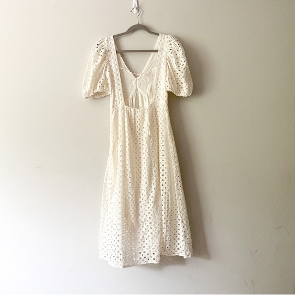Oak Fort Eyelet Midi Dress Short Puff Sleeve Open Tie Back Gathered Front White - Picture 8 of 11